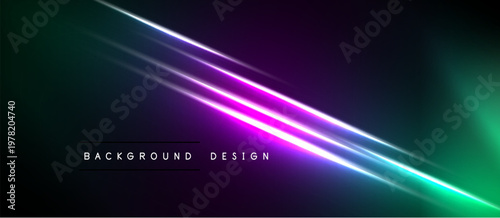 Dark background features vibrant neon lines. Gradient colors blend purple, green, creating dynamic visual effect. Minimalist design.