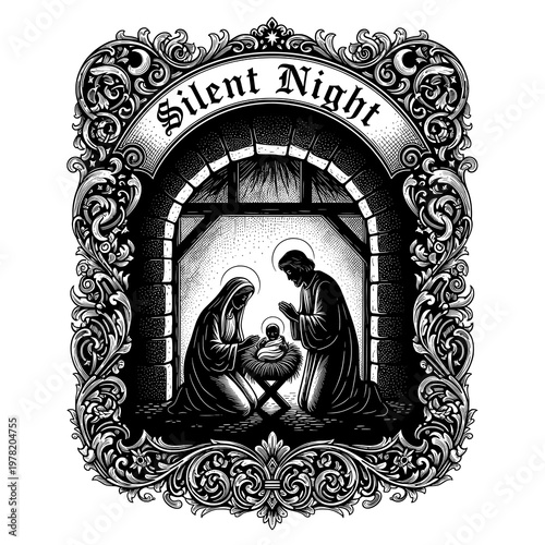 Classic Nativity Scene Illustration with Silent Night Text and Ornate Frame