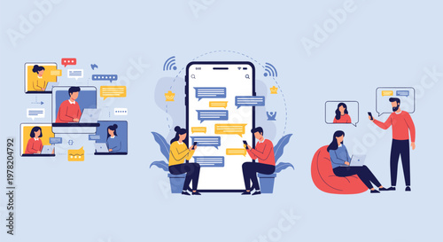 Diverse ways of modern communication including video conferencing, mobile messaging, and personal face to face interaction.