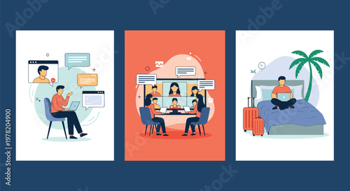 Flexible work arrangements featuring professional video meetings from home and working remotely during a beach vacation.