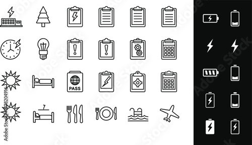Energy and daily essentials icon set featuring battery charging home items checklist utilities and lifestyle outline vector illustration