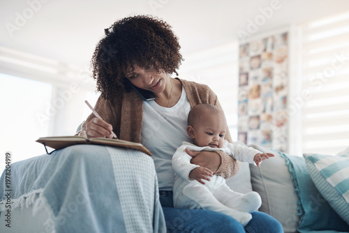 Cuadro en lienzo Phone call, writing or woman in house with baby, multitasking or article brainstorming in remote work