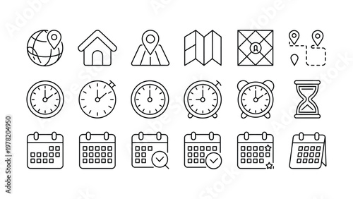 Time and location scheduling icons set.Thin line editable stroke icon illustrations, Clocks, maps and calendars. 