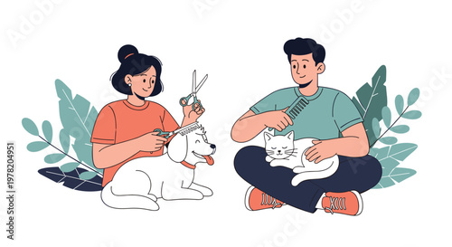 Pet grooming service where professional groomers take care of a white dog and a cat with specialized tools and kindness.