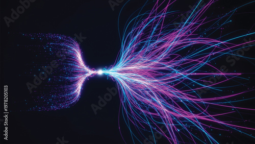 Conceptual 3D rendering showing convergence of blue and pink fiber optic data streams into single glowing nexus representing artificial intelligence information processing.
