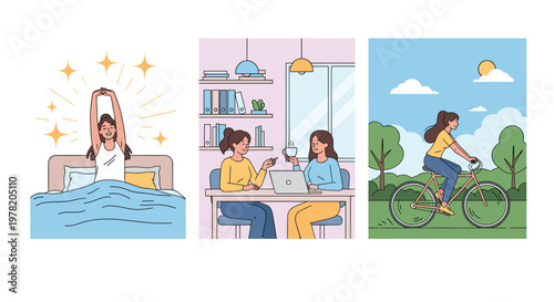 Daily routine of a healthy woman including a fresh morning wake up, productive work with a colleague, and outdoor cycling.