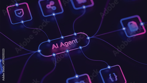 Network diagram of AI agent with glowing lines connecting various software service icons in dark digital environment representing cloud computing and automation services.