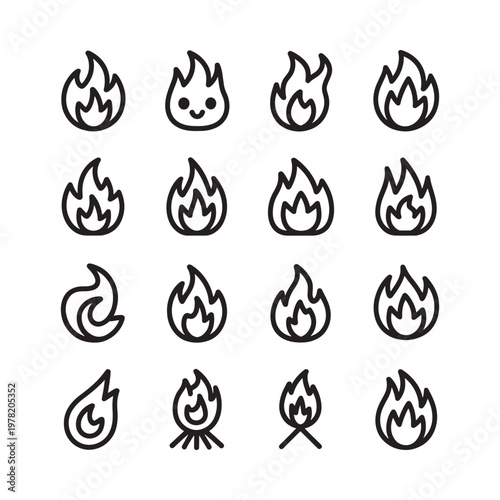 Collection of simple line art fire flame icons on a white background