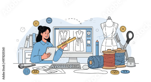 Talented fashion designer works in her studio using digital software to create elegant dress patterns and garment prototypes.