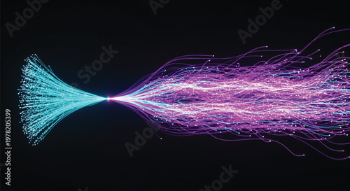 Abstract 3D rendering of fiber optic data cables converging into central energy point symbolizing advanced telecommunications and high speed information transfer.