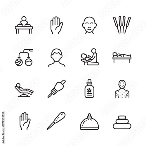 Collection of healthcare and medical related line icons in black and white