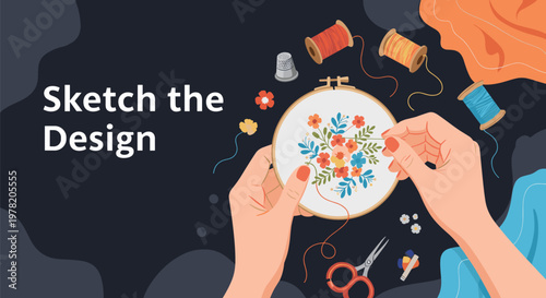 Creative hands perform traditional embroidery on a wooden hoop with colorful floral patterns and sewing accessories.