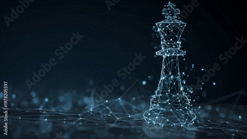 A digital abstract chess king piece symbolizes strategy, leadership, and intellectual prowess in a connected digital landscape.