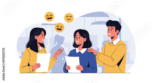 Group of happy young colleagues shares ideas and laughs together with positive smiley face emojis floating above them.
