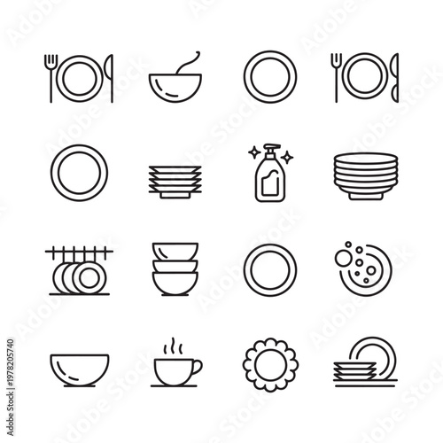 Minimalist line art icons depicting various dishware and kitchen items
