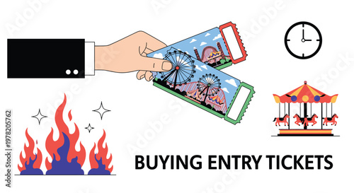Hand holds amusement park entry tickets with icons representing a carousel, a clock, and hot flames for summer events.