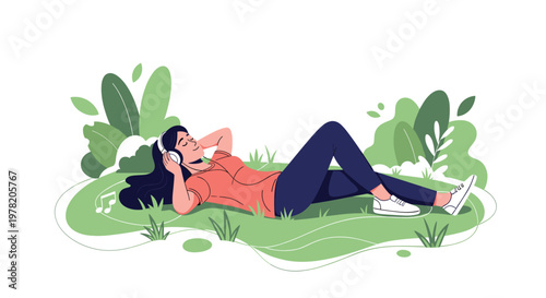 Young girl lies comfortably on a green meadow listening to music through headphones and enjoying a peaceful day.