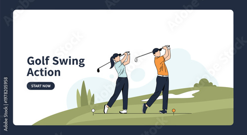 Man and woman practice their golf swing techniques on a scenic green course for a sports and outdoor activity website.