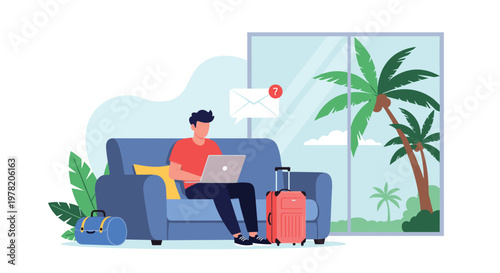 Man works on a laptop from a blue sofa with a suitcase nearby while looking out at a tropical beach through a window.