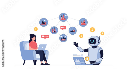 Woman at a desk communicates with an AI robot assistant while traveling icons and gold coins float in the background.