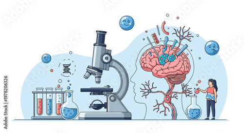 Scientific illustration combines a microscope with a human brain diagram and lab equipment for medical research concepts.