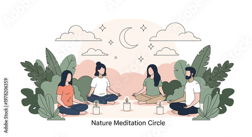 Group of people sits in a circle outdoors practicing meditation and mindfulness under a crescent moon at night.