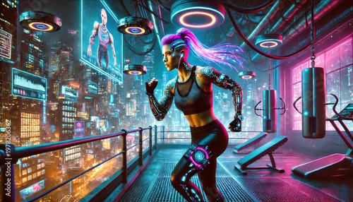 Cybernetic Woman Training in High Tech Futuristic Gym Overlooking a Neon City