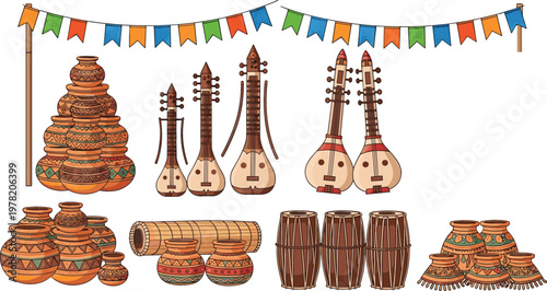 Traditional Bengali Cultural Icon Set with Sitar Ektara Musical Instruments Clay Pottery Jars and Festival Decorations for Pohela Boishakh Noboborsho Celebrations and Asian Heritage Projects