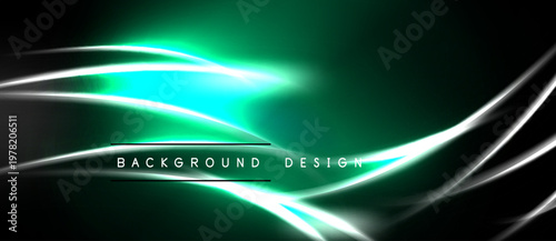 Dark green backdrop features bright white, turquoise lines. Modern abstract design suggests movement, energy, sleekness. Text reads background design.