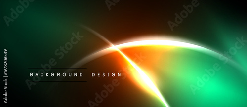 Abstract neon lines create vibrant glow. Dark background emphasizes bright orange, green hues. Modern design element.