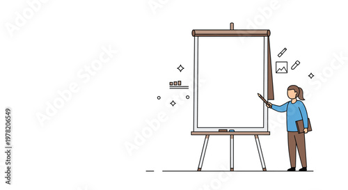 Young female presenter stands next to a large blank whiteboard ready for a business pitch or educational lesson.