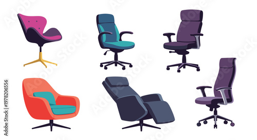 Various styles of modern office and lounge chairs are displayed in a clean set for interior design furniture options.
