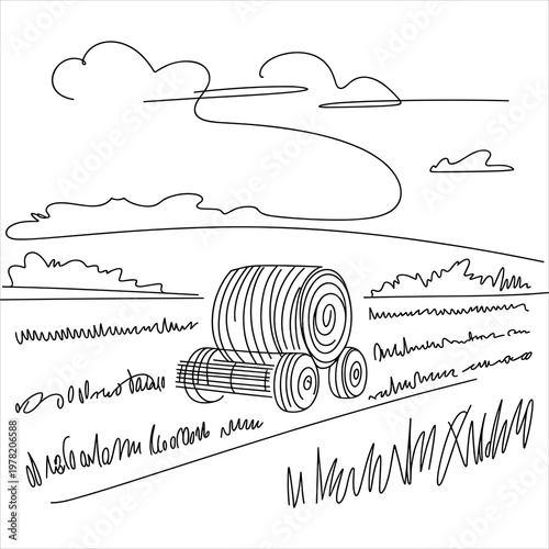 A simple black and white line drawing of hay bales outdoors