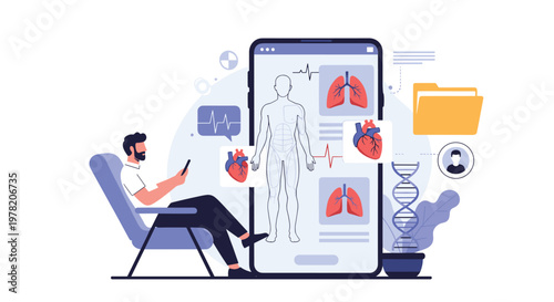 Patient uses a mobile app for a telehealth consultation showing internal organs on a smartphone screen at home.