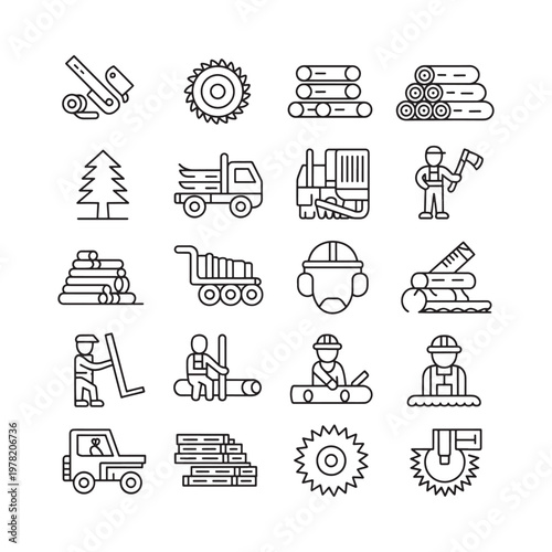 Line icons depicting forestry logging and wood processing activities