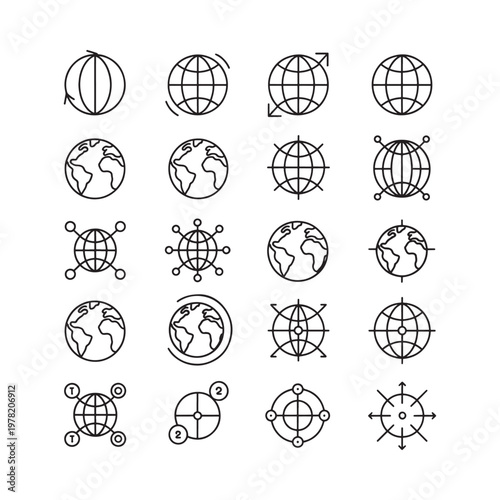 Collection of linear world globe icons with varying designs and projections