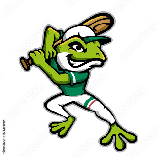 Funny Frog Baseball Player Mascot Holding Wood Bat
