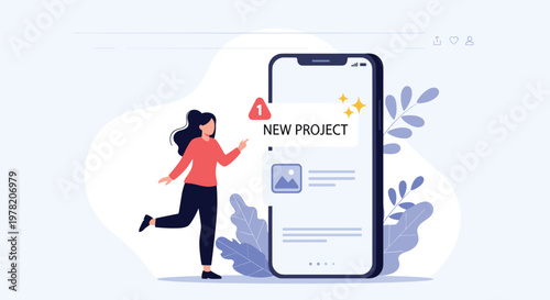 Excited woman celebrates receiving a new project notification on a giant smartphone screen with decorative leaves.
