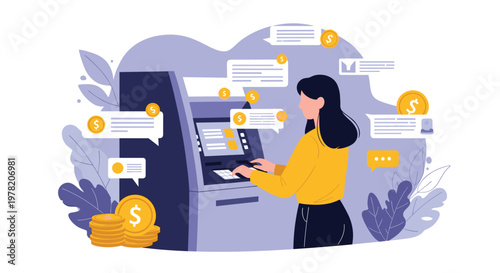 Woman uses an automated teller machine to manage her finances with money icons and notifications floating around.