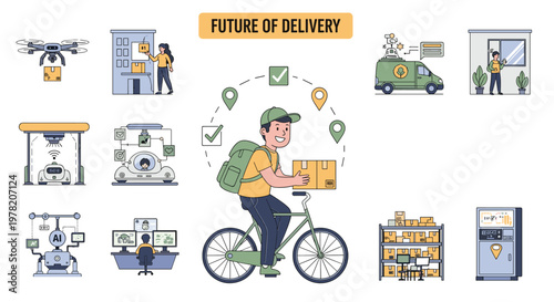 Innovative delivery methods including drones, autonomous vehicles, and smart lockers are showcased in this future of logistics concept.