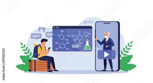 Online education concept features a student with a backpack learning chemistry through a video lecture on a large smartphone screen.