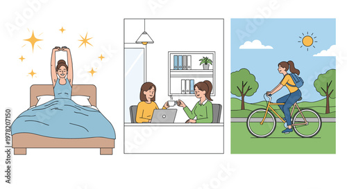 Daily healthy habits including morning stretching, social coffee breaks, and outdoor cycling promote a balanced and productive lifestyle.