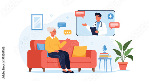 Elderly woman consults with a doctor through a telemedicine video call while resting on her living room sofa for convenient healthcare.