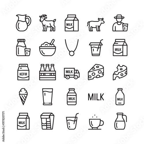 Collection of dairy product icons including milk cheese and farm animals