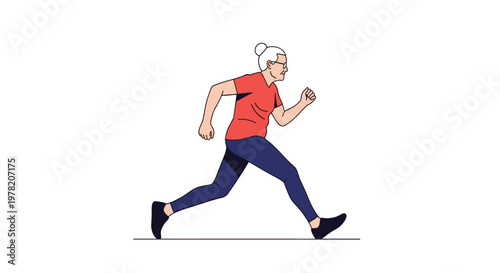 Active senior woman wearing glasses and a red shirt is running with energy to maintain her physical fitness and overall health.