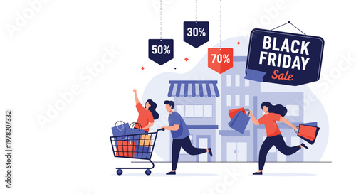 Enthusiastic shoppers run with shopping carts and bags during a Black Friday sale event in a city setting with discount tags above.