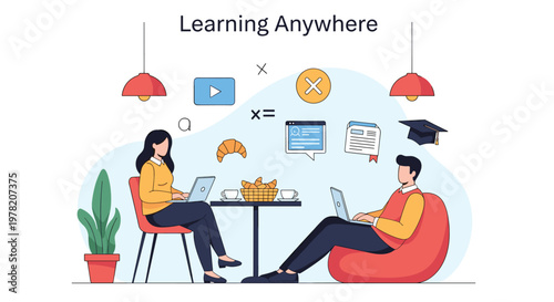 Two students sit at a cafe table using laptops to study in a relaxed environment with various educational icons floating above them.