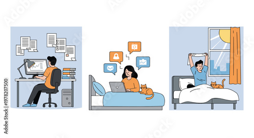Different scenes of remote work include a dedicated home office setup, working from bed with a cat, and a morning wake up routine.
