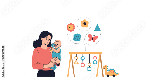 Mother holds her young baby while surrounded by educational symbols for childhood development including science, art, and academic success.