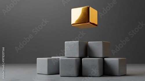 Minimal gray cube stack with one floating gold cube, abstract concept of growth, investment value and premium positioning in modern business